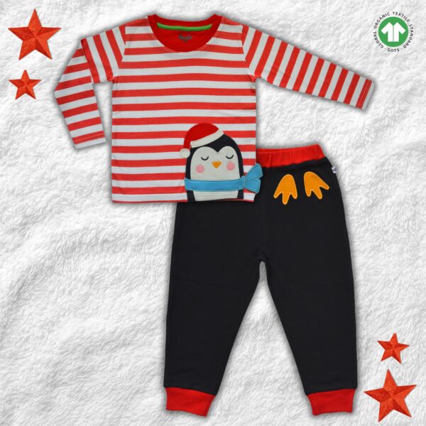 Pranava 100% Organic Unisex Red LS tee & Navy pant with Festive Penguin Graphics - Image 7