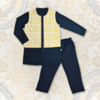 Boys Kurta with Golden Printed Attached Jacket & Pyjama-Navy