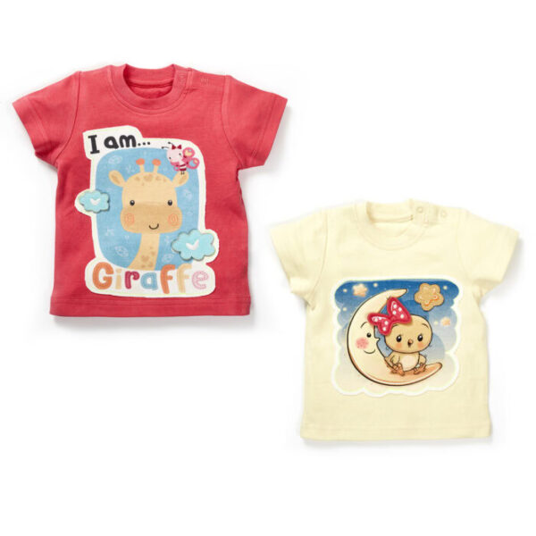 Girls Bird & Giraffe Printed T-Shirts Combo - Pink & Yellow