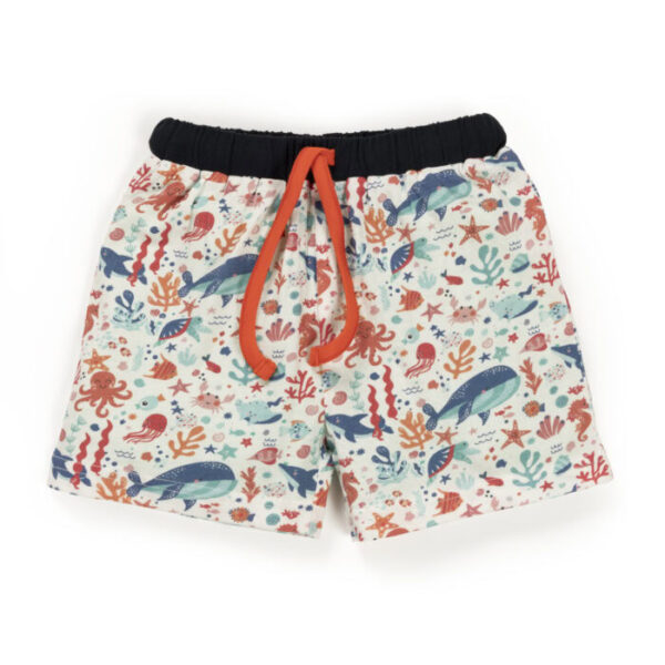 Unisex Sea Life Printed 100% Organic Cotton Shorts- White