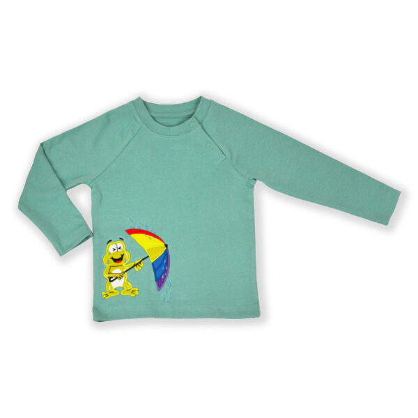 Unisex kids Umbrella & Frog Embroidered Raglan T-Shirt-Green