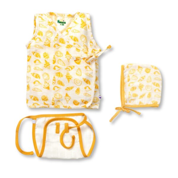 Unisex Seashell Printed Jhabla, Nappy and Cap Set
