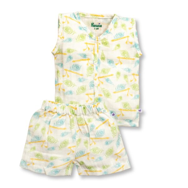 Unisex Peacock Feather Printed Jhabla & Shorts Set